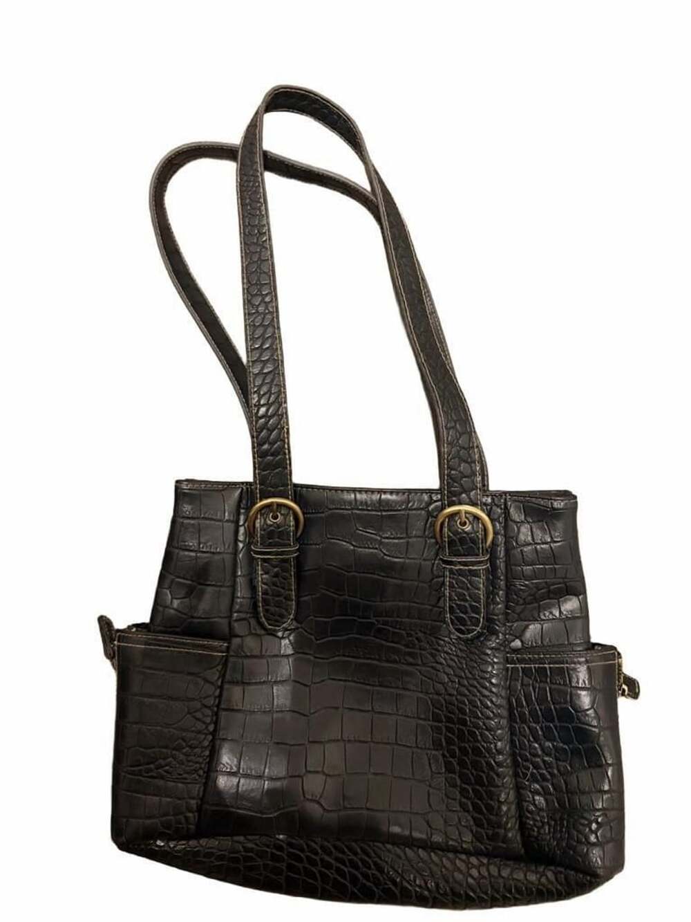 Black Faux Crocodile Embossed Leather Shoulder Tote Bag with Buckle Accents